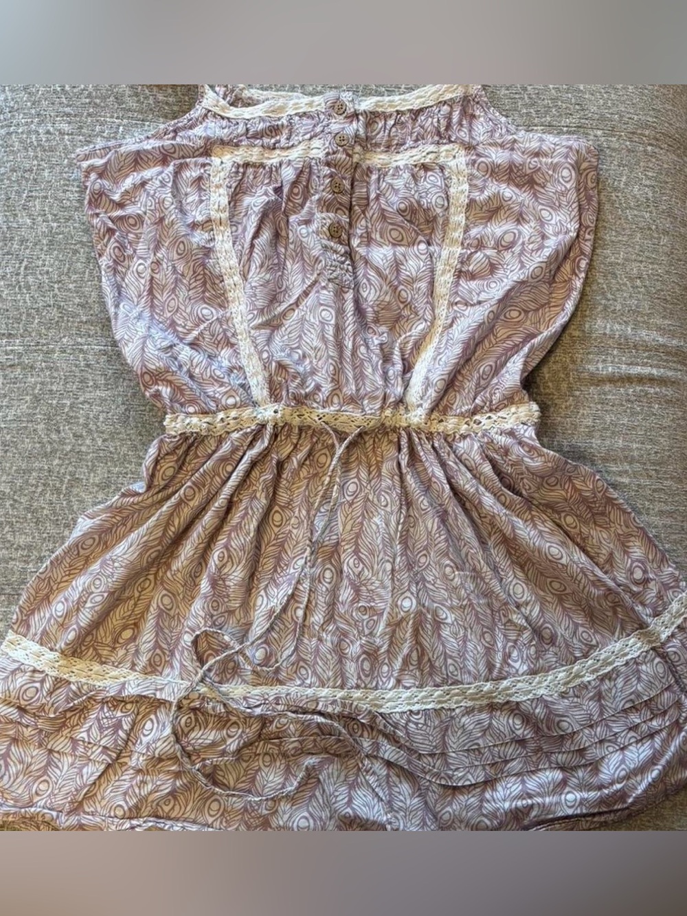 Strapless Lavender Peacock Printed Dress/Tunic with Cream Lace Trim